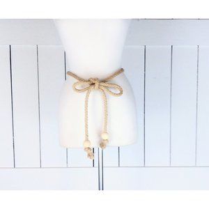 Vintage brown woven braided rope wood bead tie belt/boho/hippie belt/braided